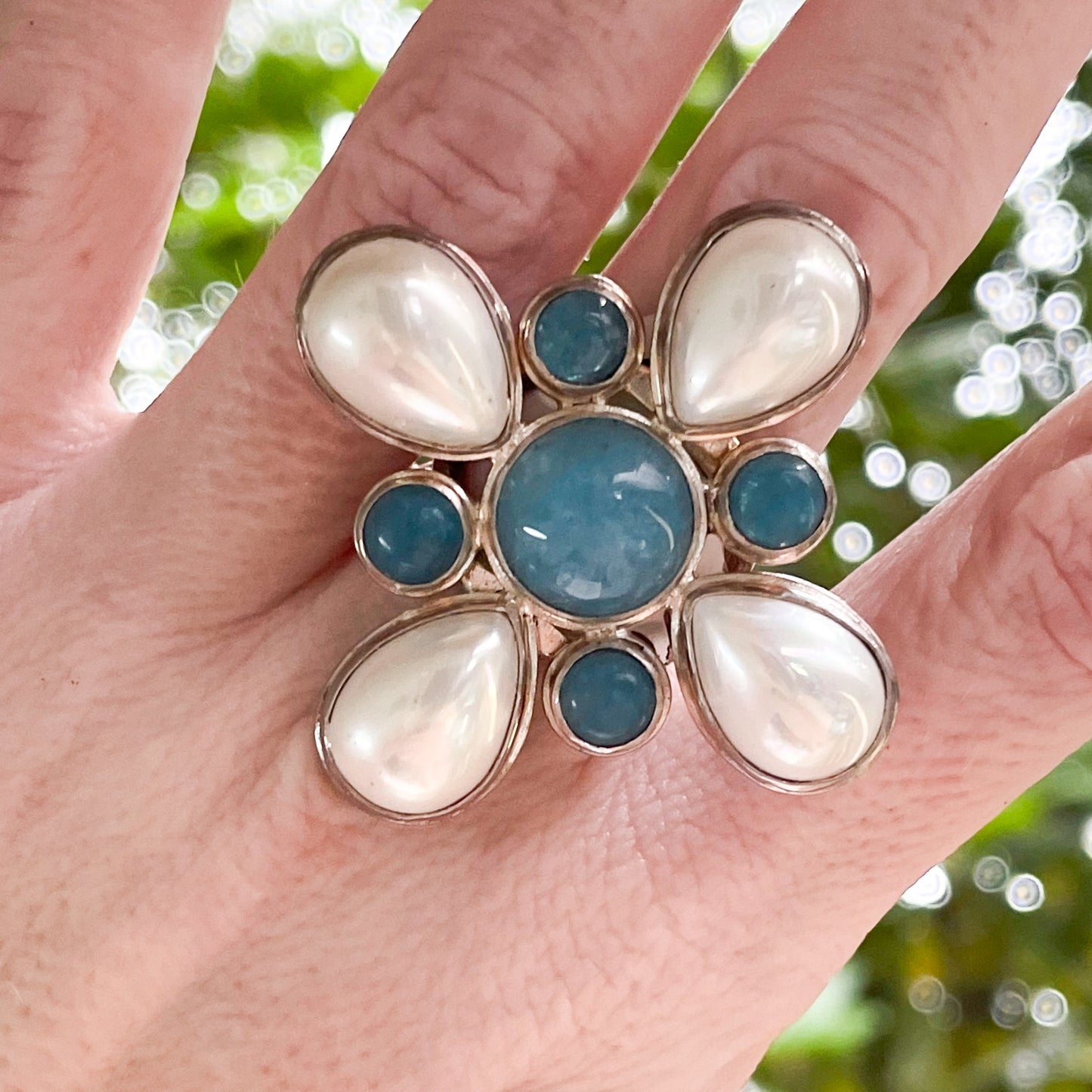 Blue Chalcedony Pearl Statement Ring - Solid Sterling Silver