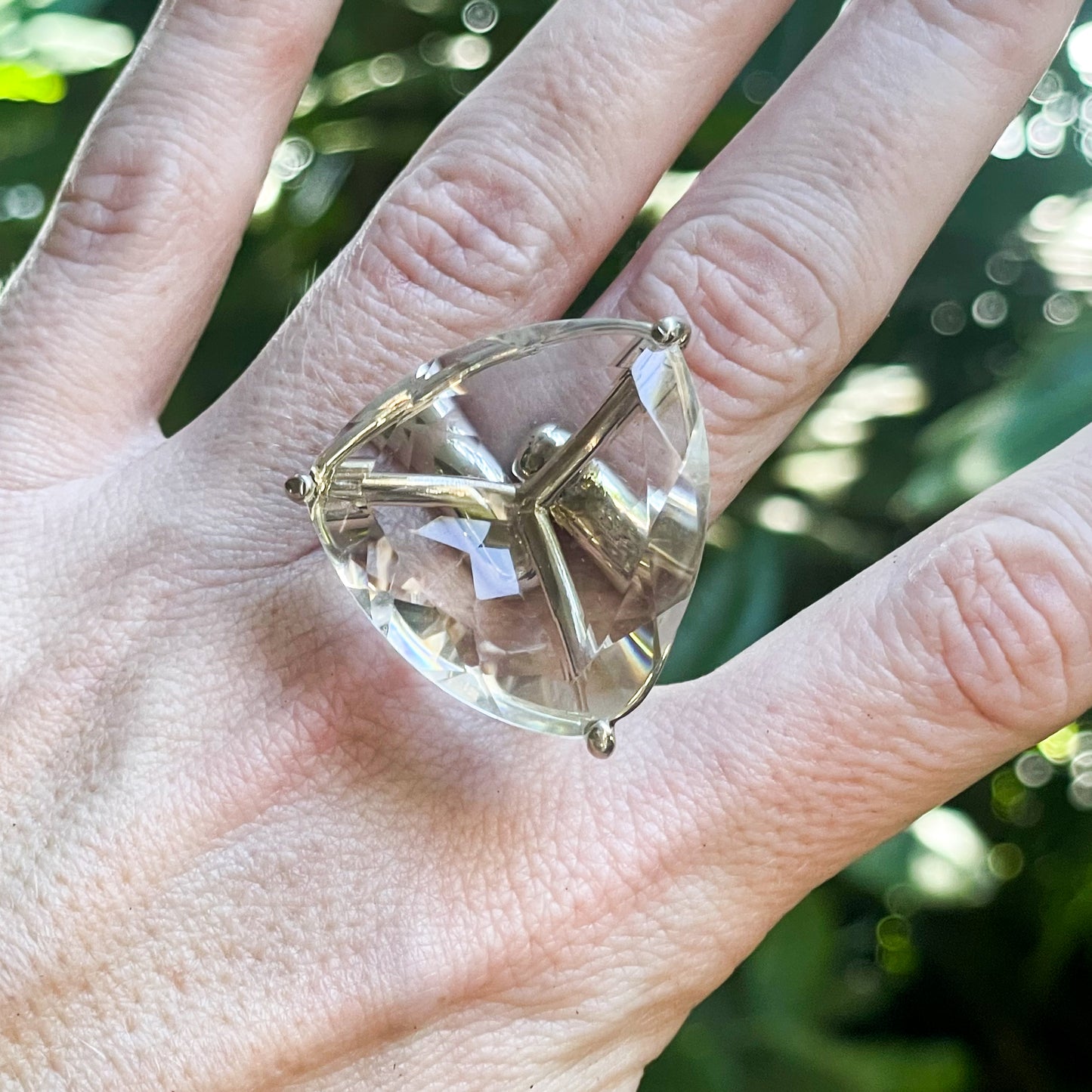 Trillion Clear Glass Prong Ring- Solid Sterling Silver