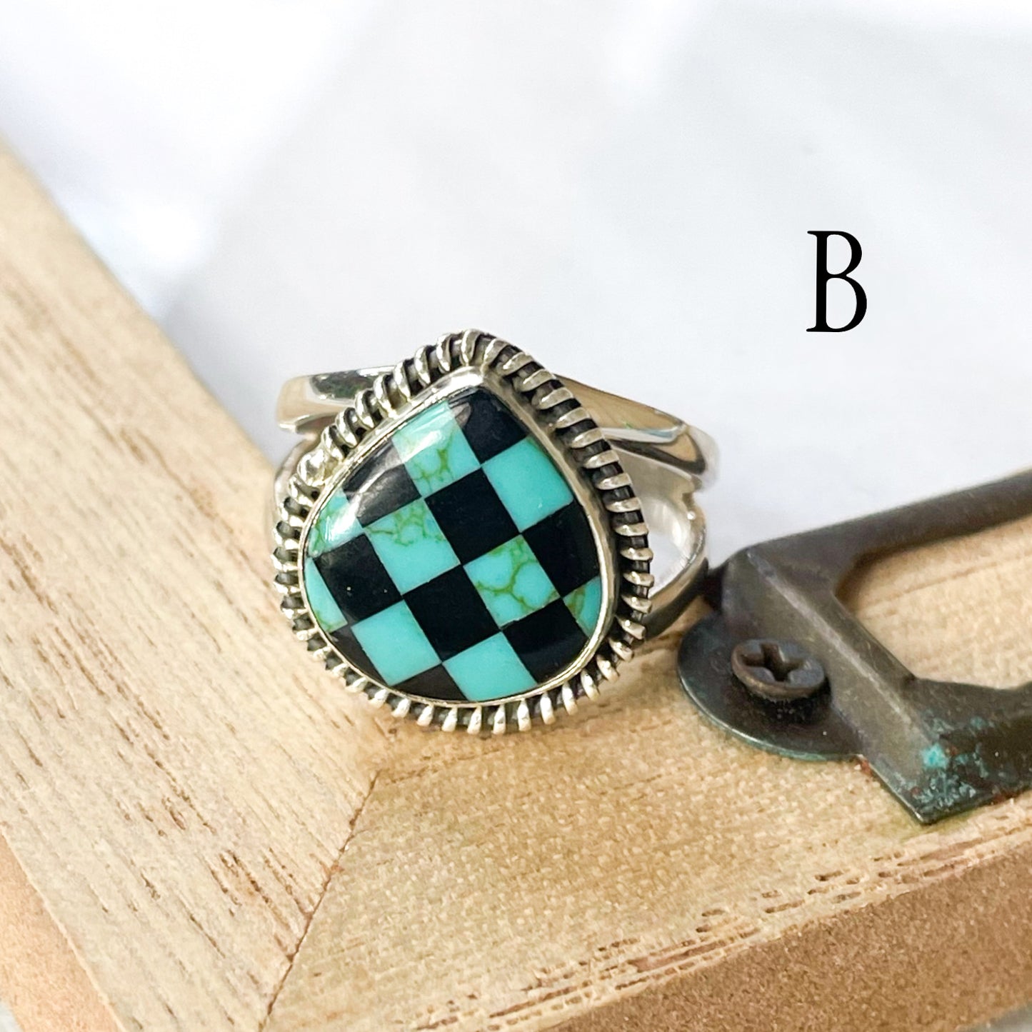 Turquoise & Blk Onyx Inlay Ring - Solid Sterling Silver