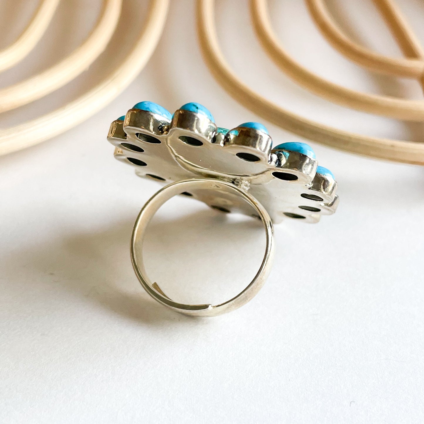 Turquoise Two-Tone Flower Ring - Solid Sterling Silver