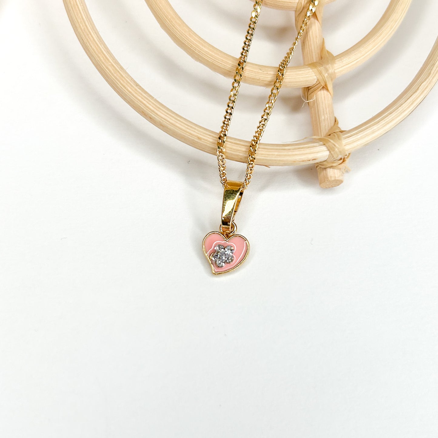 CZ Flower Enamel Heart Pendant - 18K Gold Filled