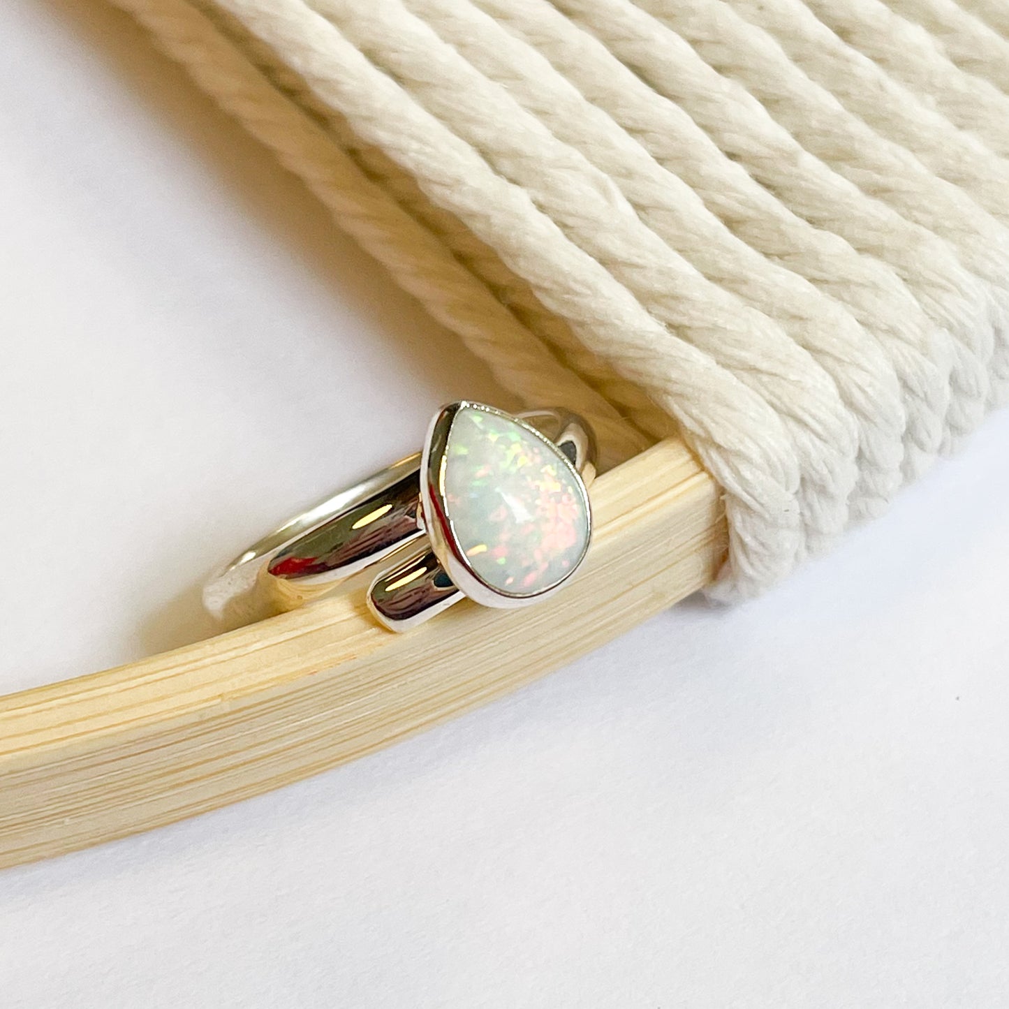 Dainty White Australian Opal Ring - Solid Sterling Silver
