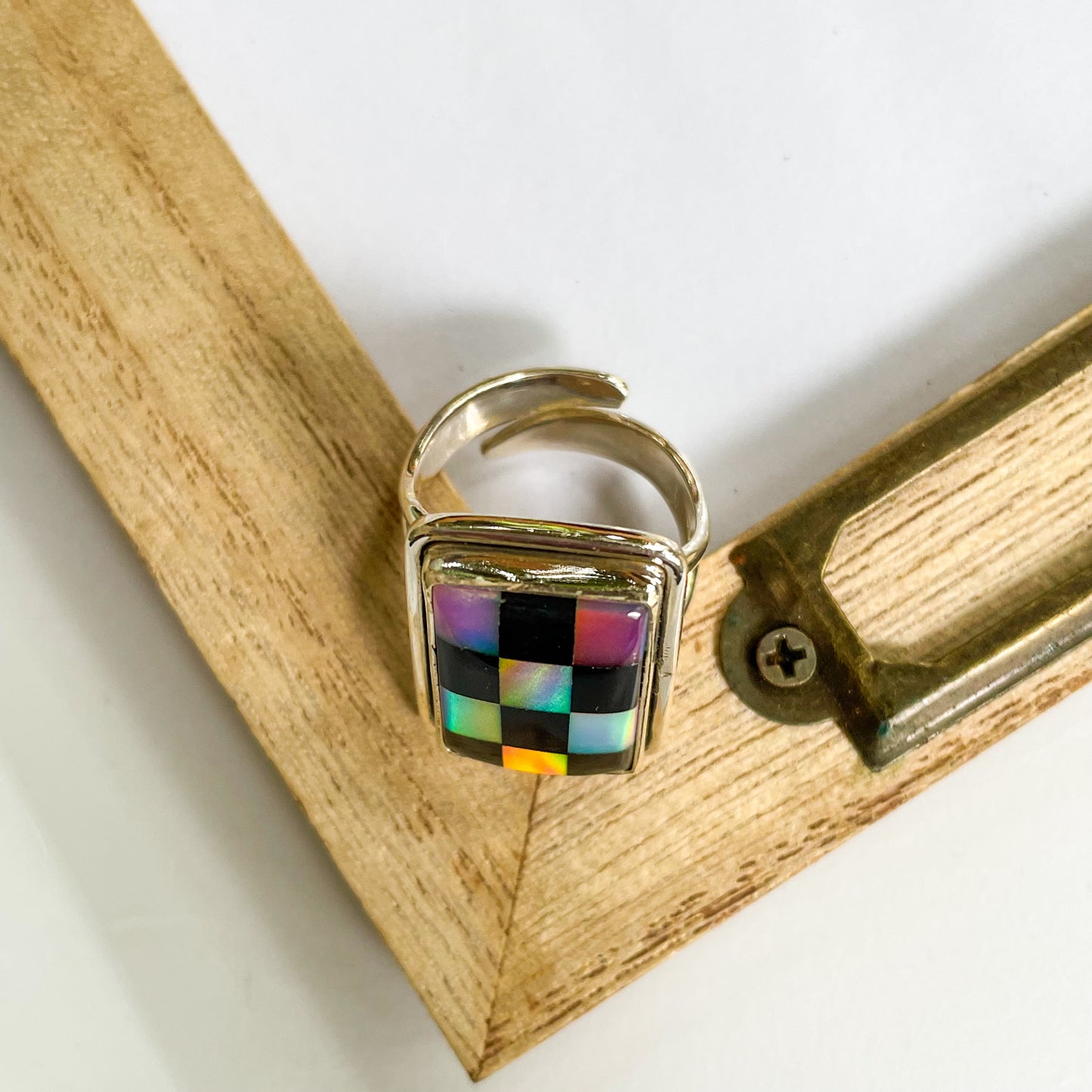 Galaxy Opal & Black Onyx Checker Ring - Solid Sterling Silver