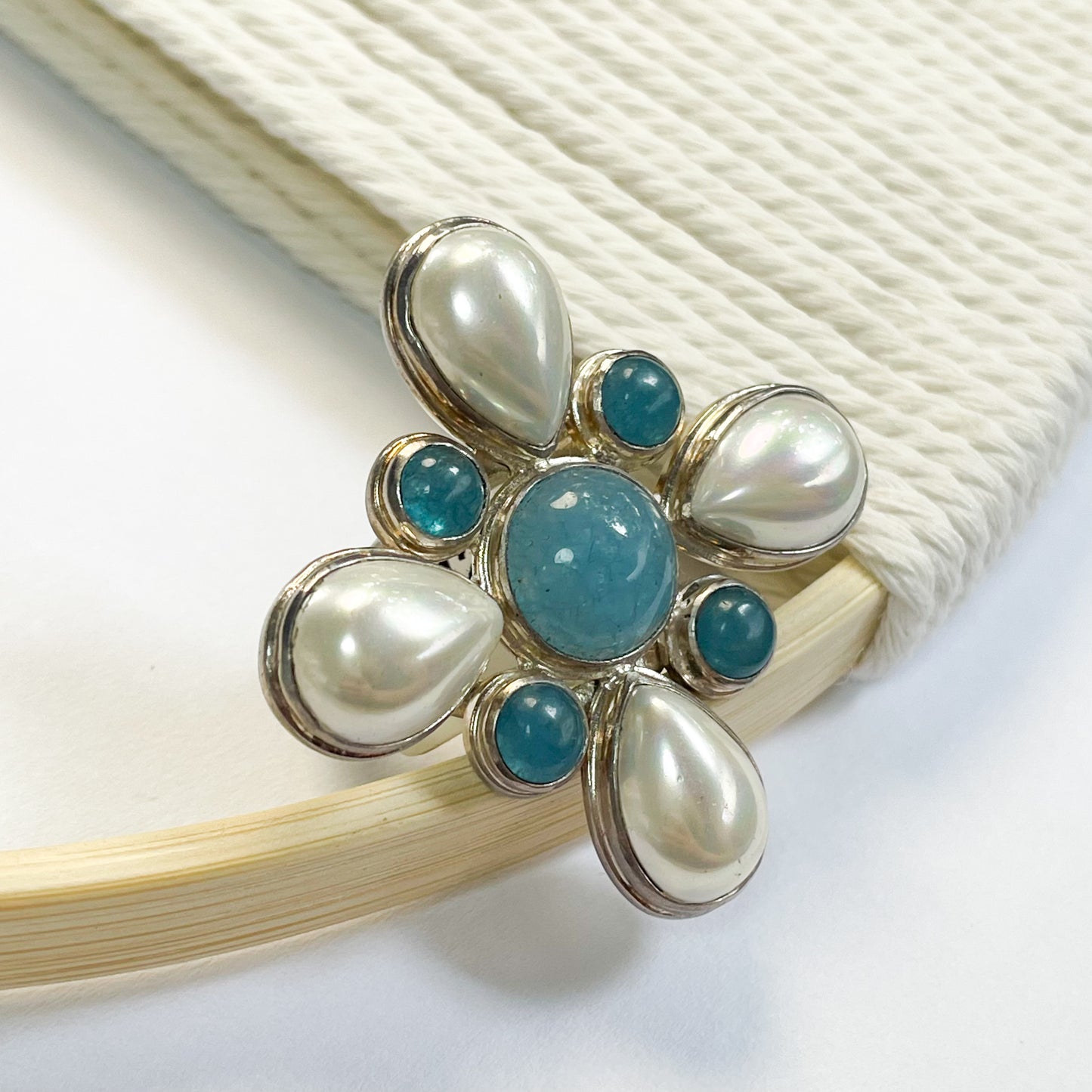 Blue Chalcedony Pearl Statement Ring - Solid Sterling Silver