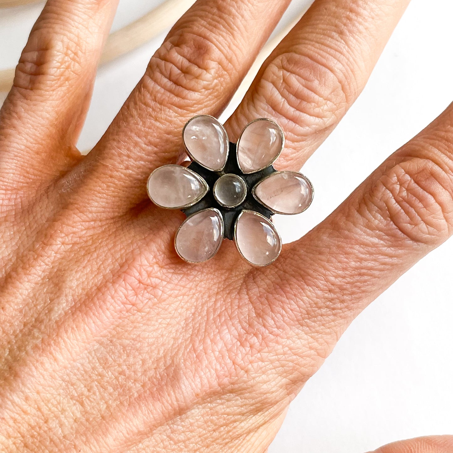 Rose Quartz Flower Ring - Solid Sterling Silver