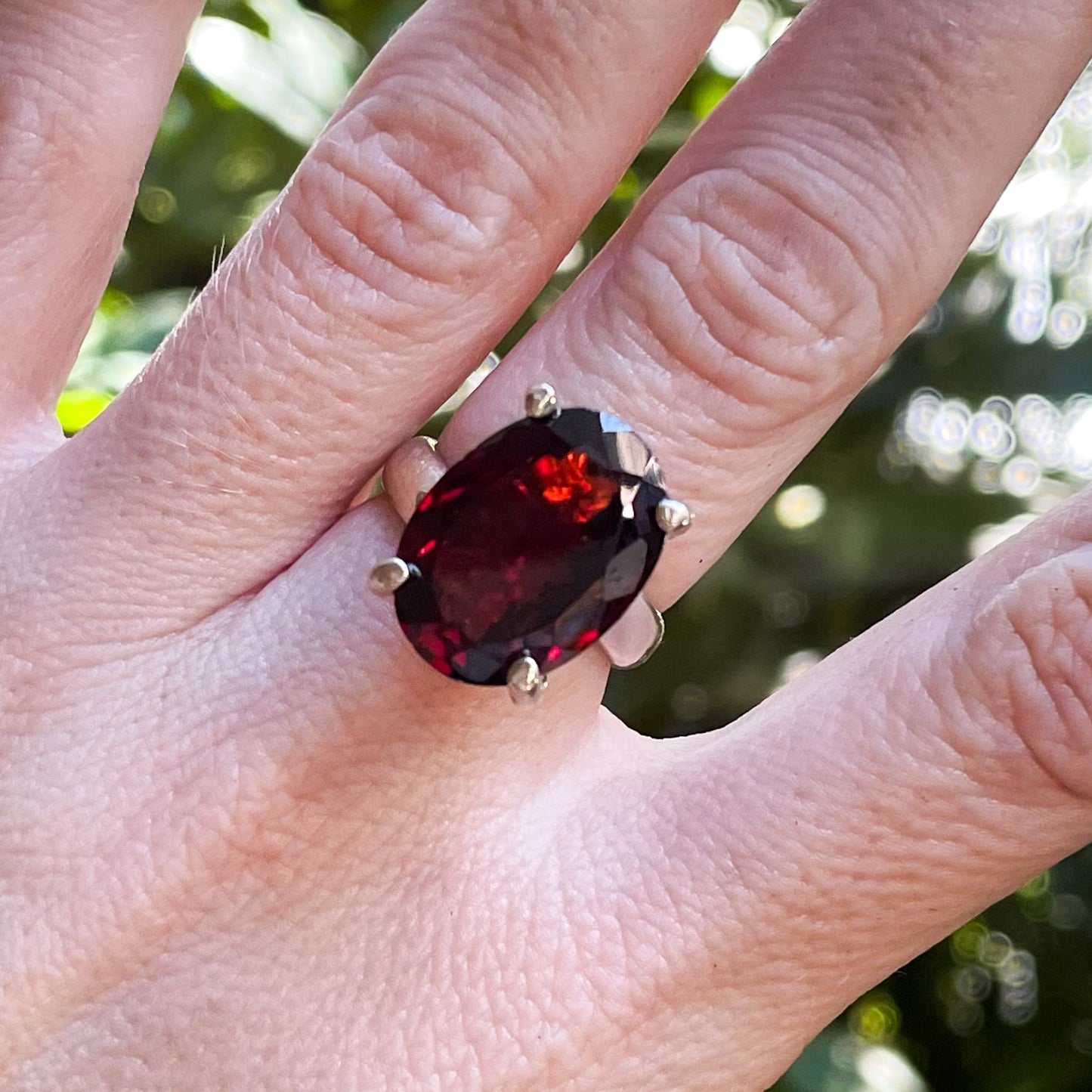 Oval Garnet Nano Glass Prong Ring - Solid Sterling Silver