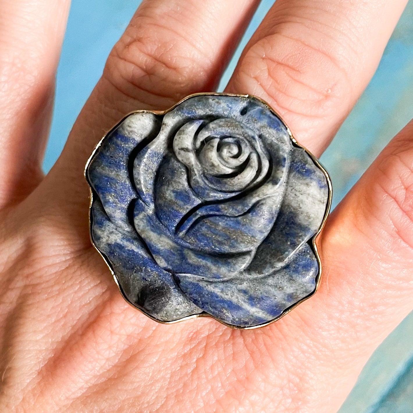 Lapiz Lazuli Rose Carved Ring - Alchemia Gold