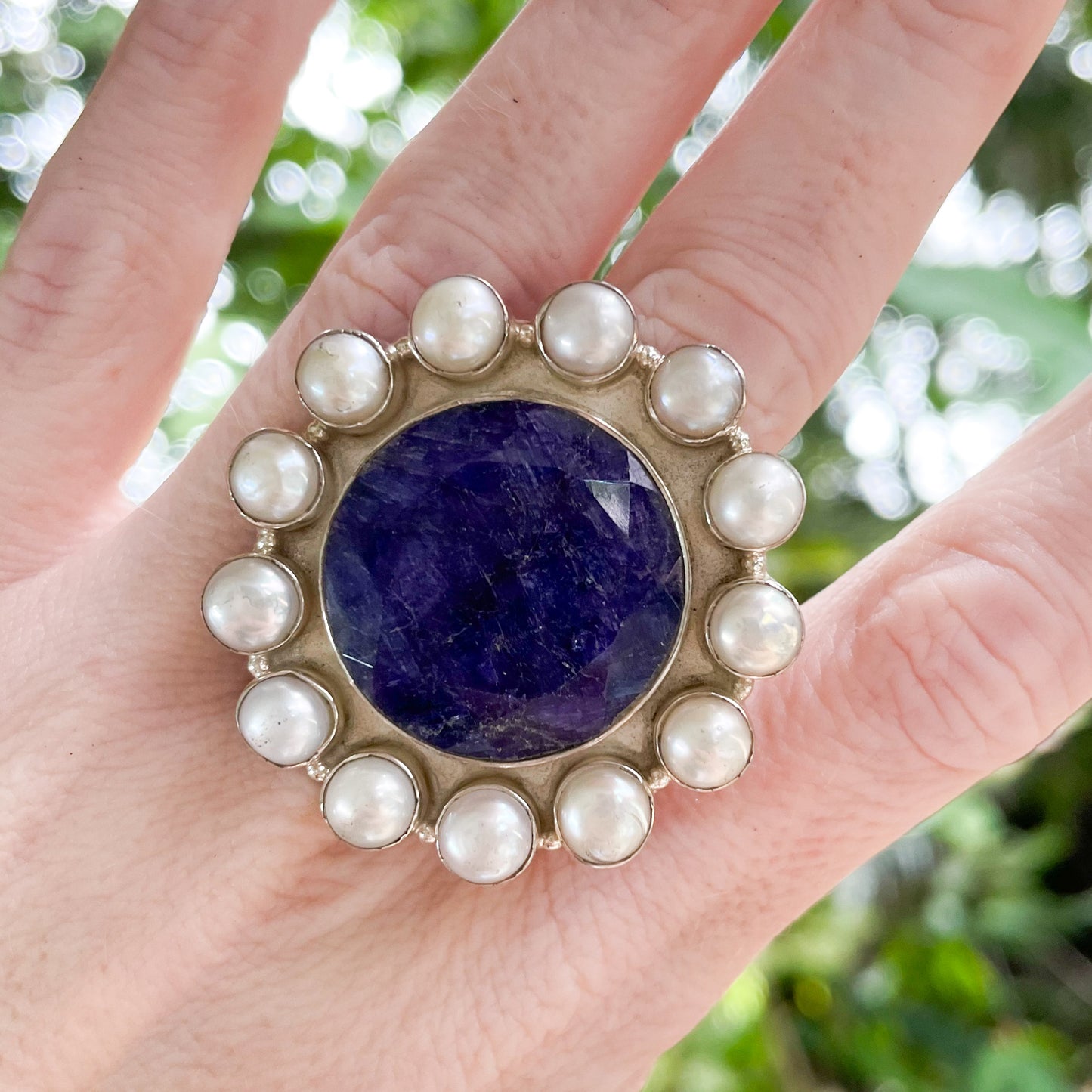 Sapphire Quartz & Pearl Adjustable Ring - Solid Sterling Silver