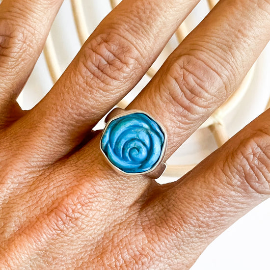 Blue Howlite Rose Ring - Solid Sterling Silver