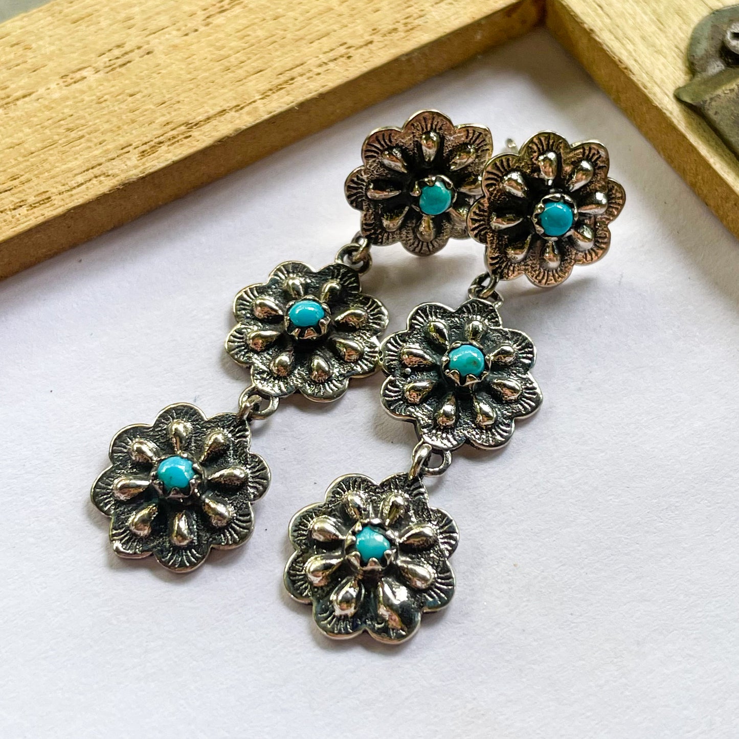 Triple Flower Turquoise Dangles - Solid Sterling Silver
