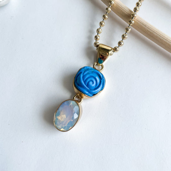 Blue Resin Rose and Opalite Pendant - Alchemia