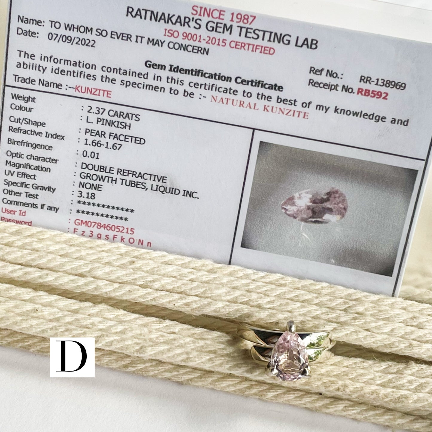 Certified Natural Kunzite Prong Ring - Solid Sterling Silver