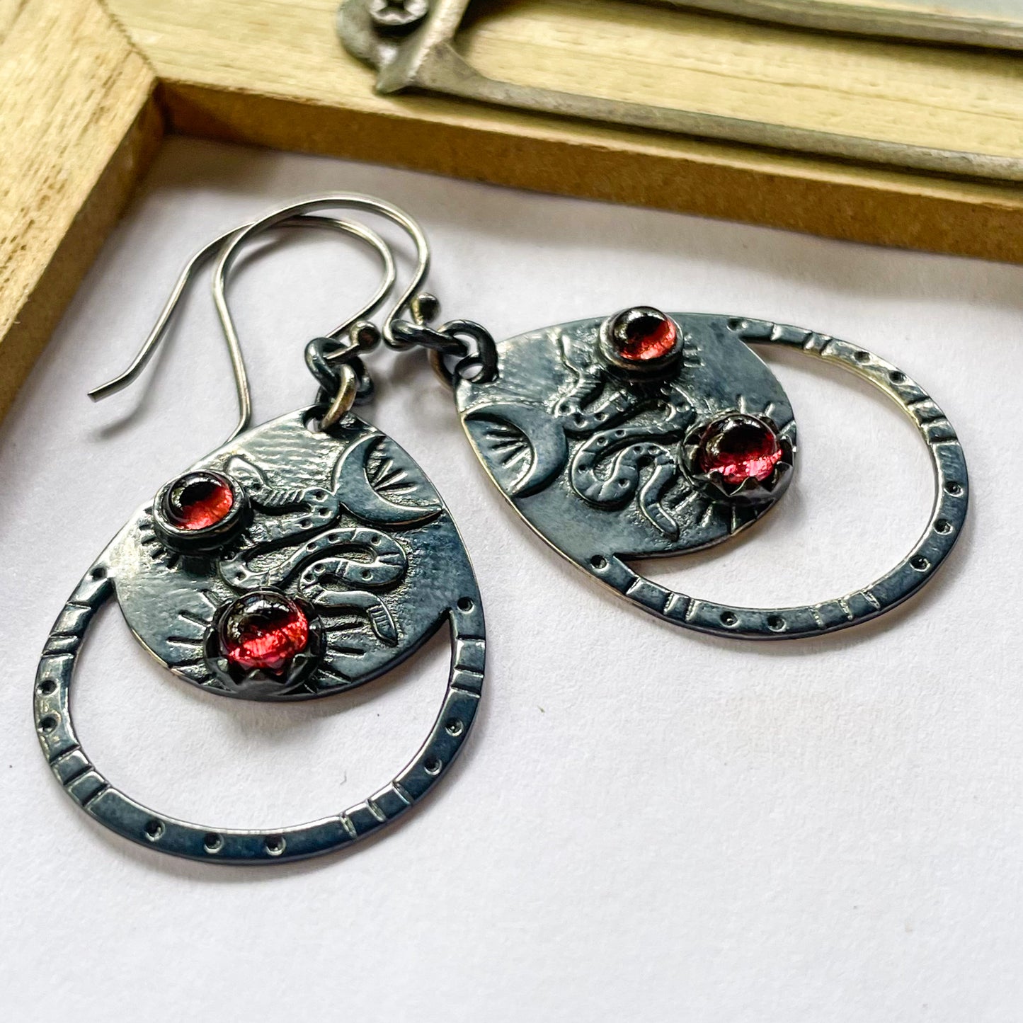 Garnet Serpent Moon Earrings - Solid Sterling Silver