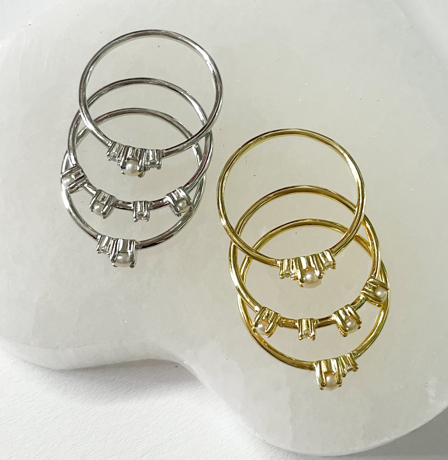 Triple Pearl & CZ Stack Rings -SSS or Vermeil