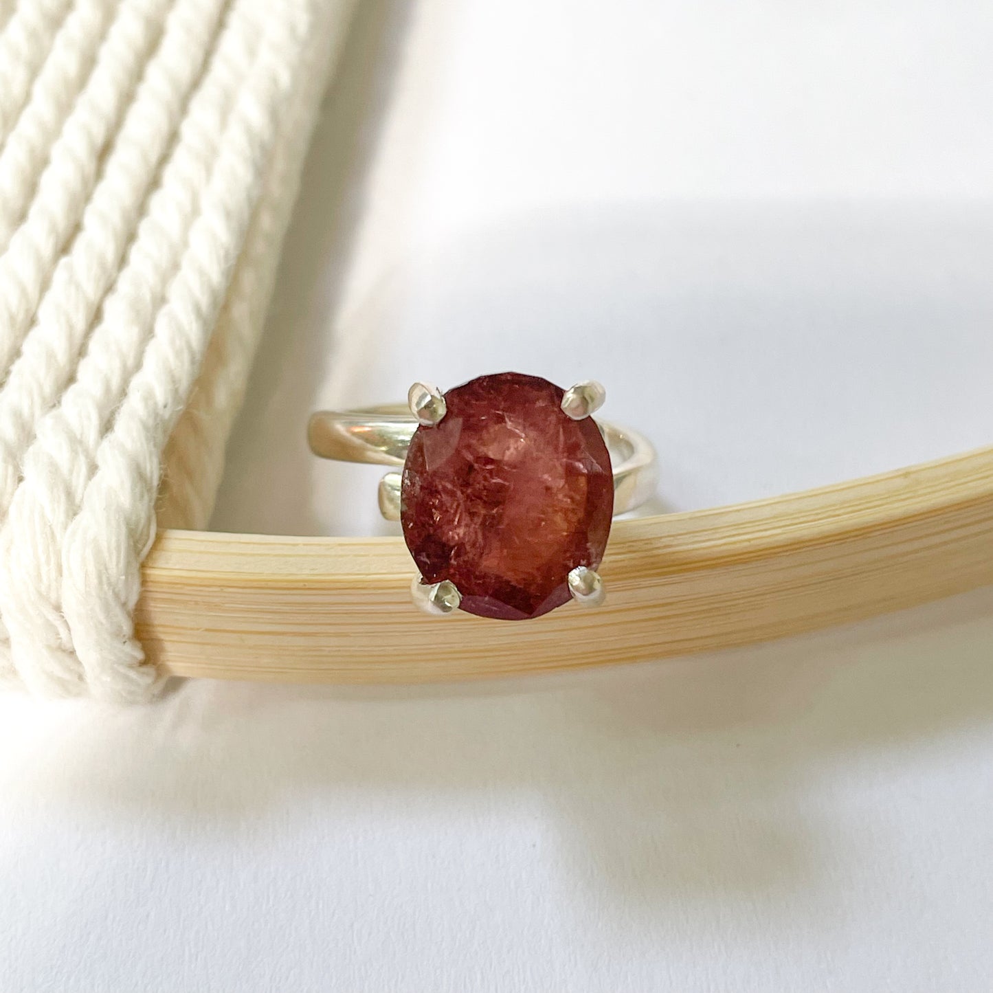 Red Tourmaline Prong Ring - Solid Sterling Silver