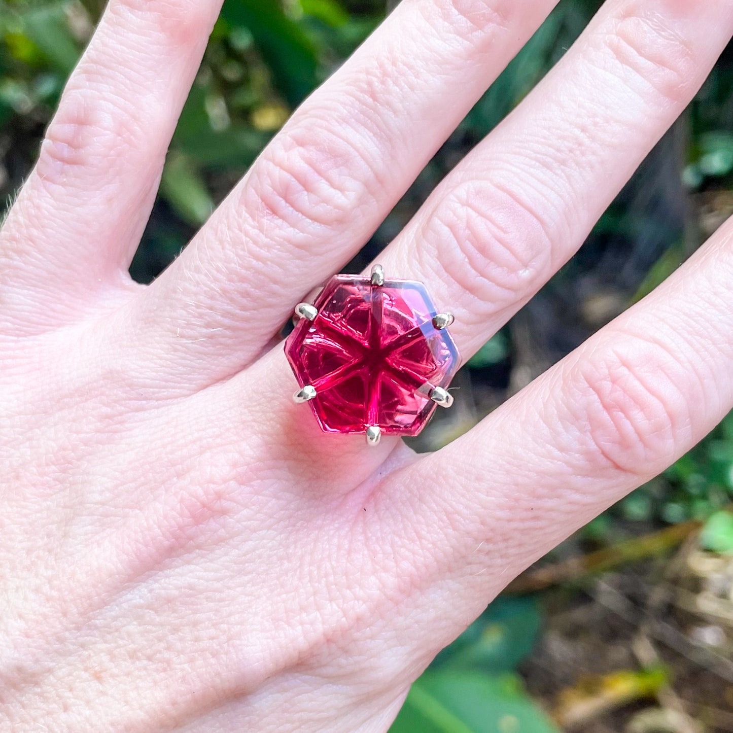 Fuchsia Hexagon Prong Ring - Solid Sterling Silver