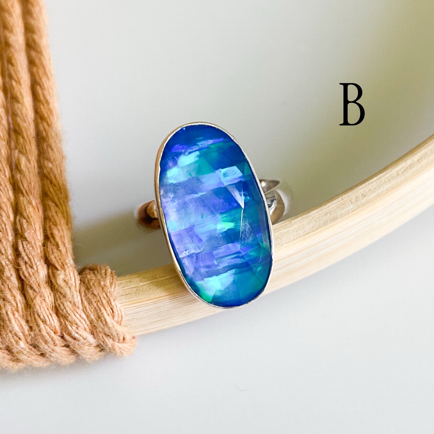 Blue Opal Faceted Doublet Ring - Solid Sterling Silver