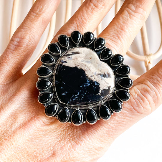Palm Wood & Onyx Statement Ring - Solid Sterling Silver