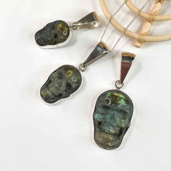 Load image into Gallery viewer, Statement Skull Labradorite Pendant-Solid Sterling Silver
