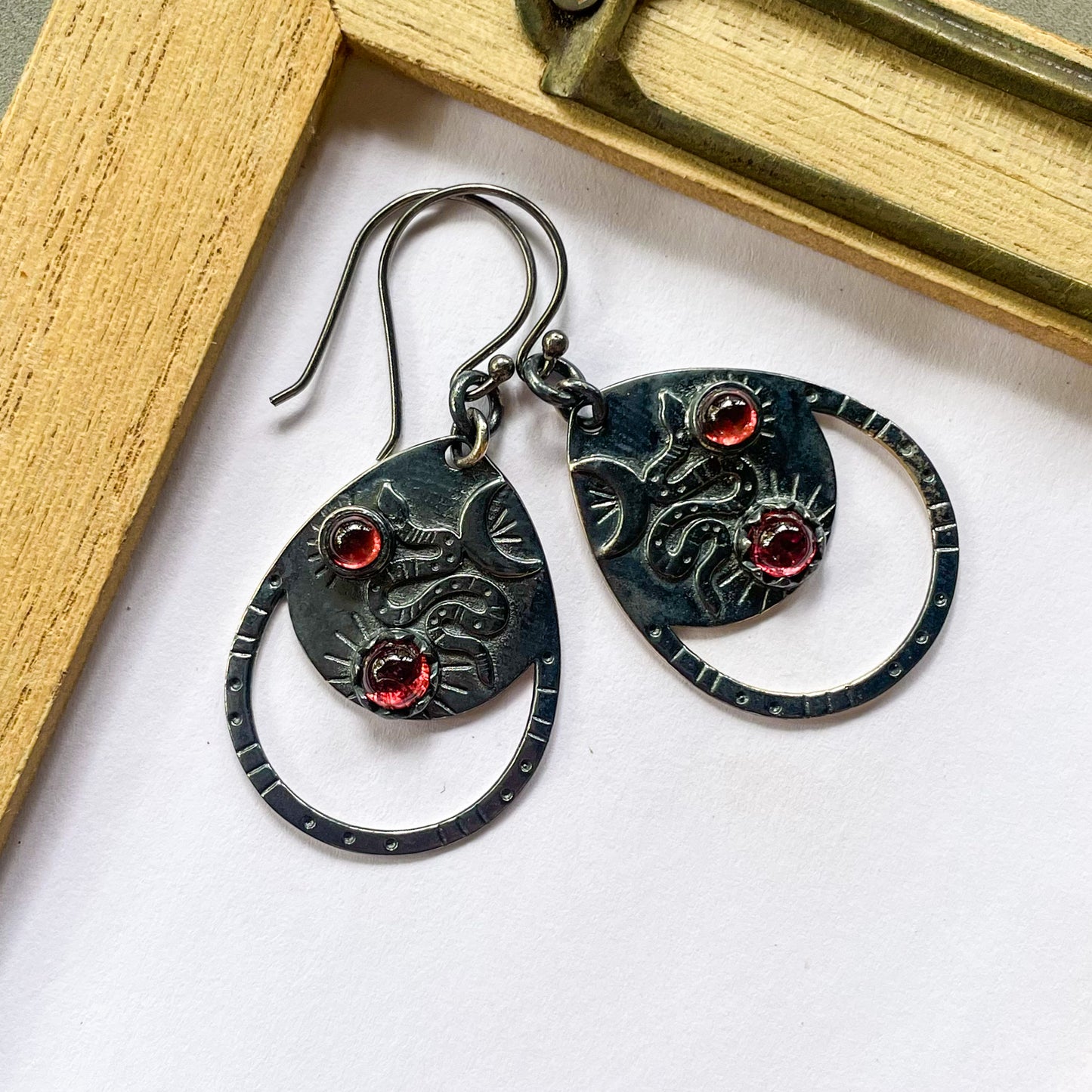 Garnet Serpent Moon Earrings - Solid Sterling Silver