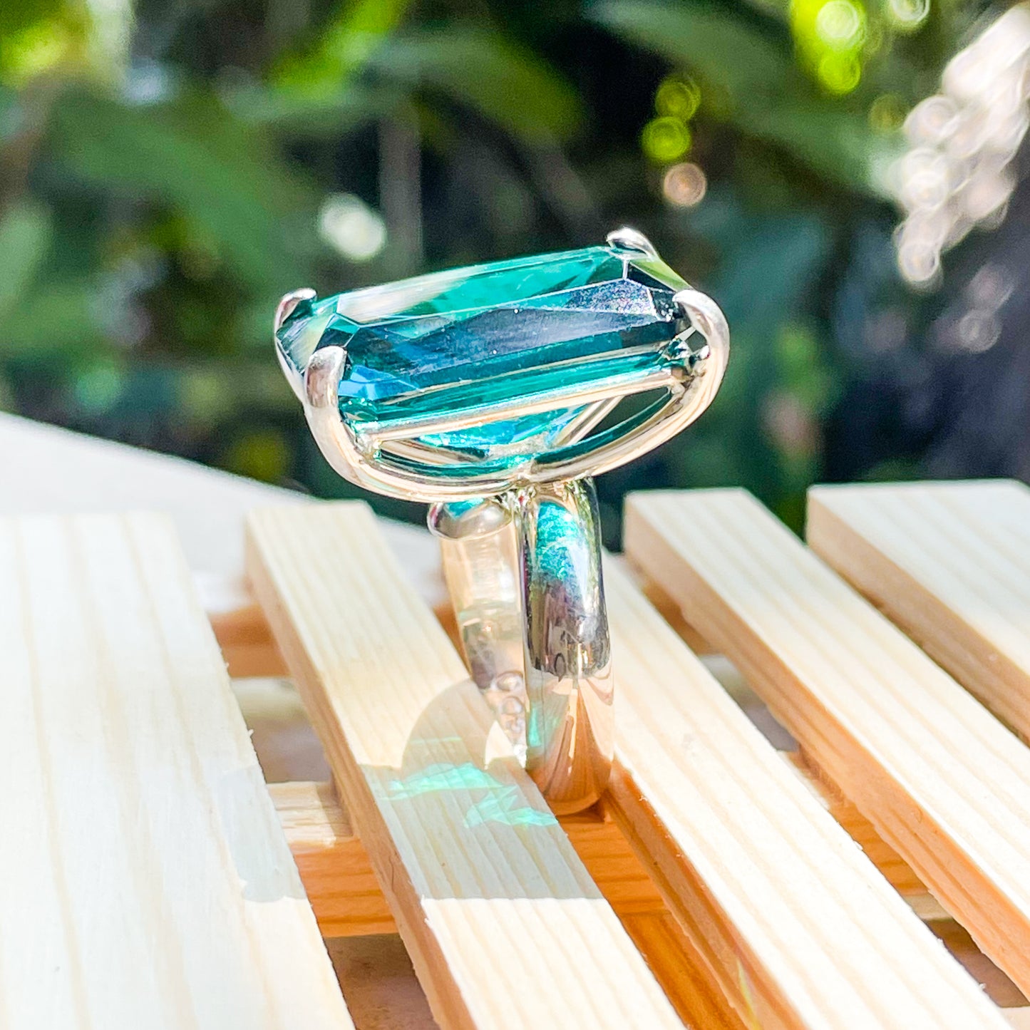 Teal Green Nano Glass Prong Ring - Solid Sterling Silver