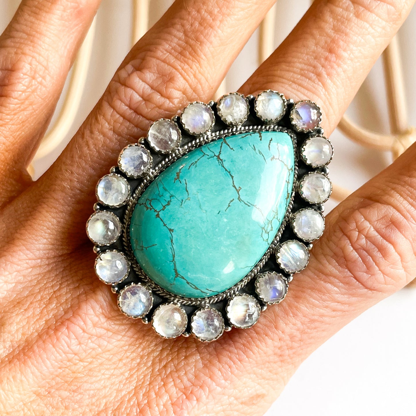 Moonstone & Turquoise Teardrop Statement Ring - Solid Sterling Silver