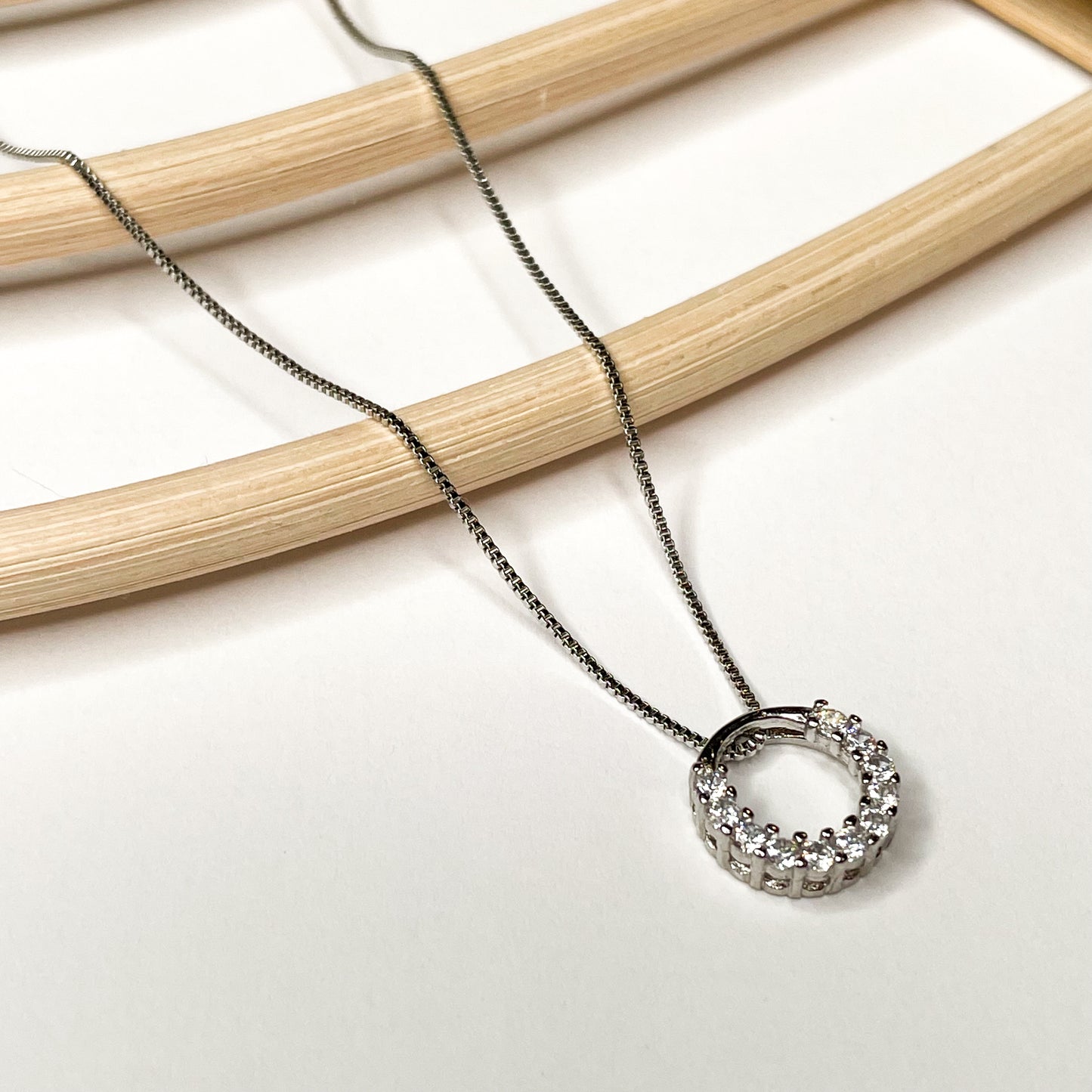 Round CZ Border Necklace - Solid Sterling Silver