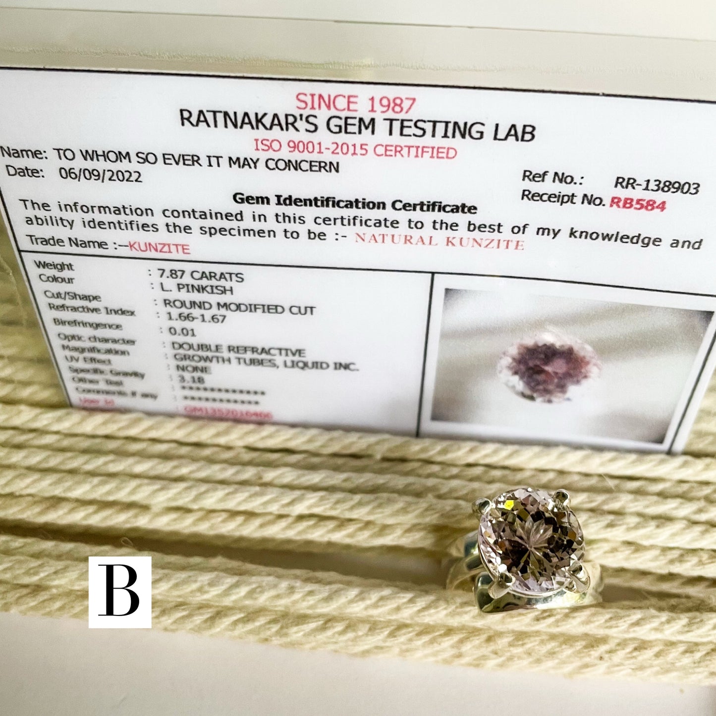 Certified Natural Kunzite Prong Ring - Solid Sterling Silver