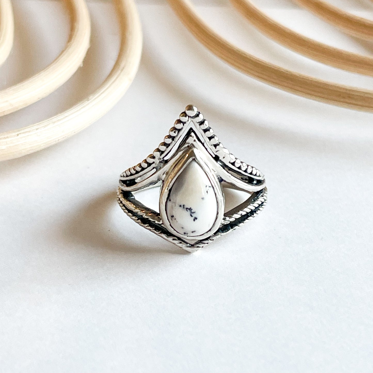 Crowned Dendrite Opal Ring - Solid Sterling Silver