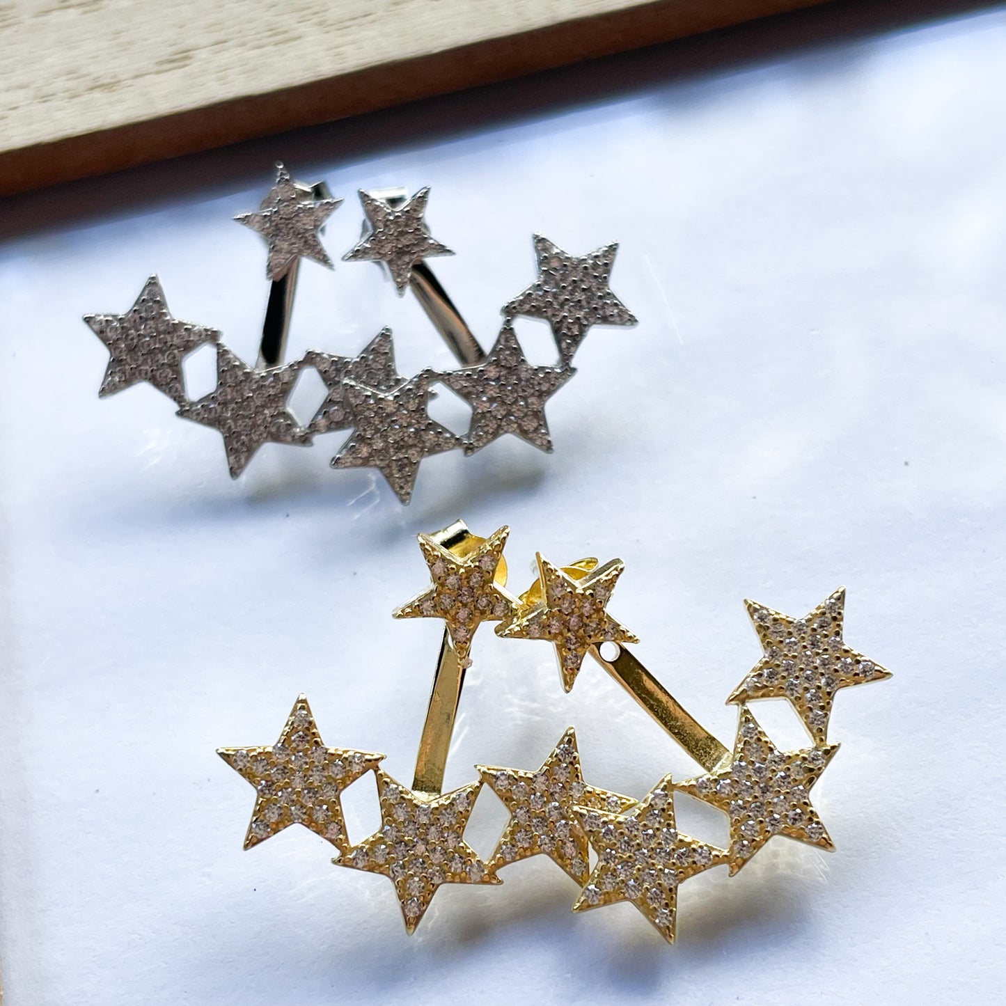 Dainty CZ Star Ear Jacket Studs - Solid Sterling Silver & Rose Gold