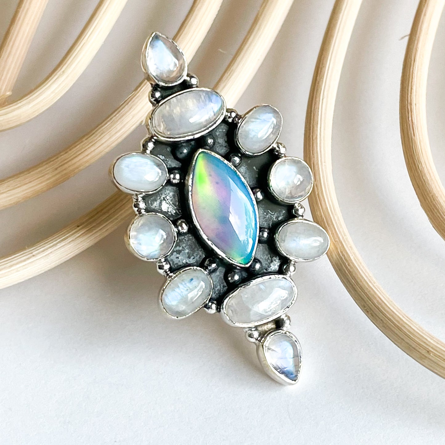 Blue Galaxy Opal & Moonstone Ring - Solid Sterling Silver