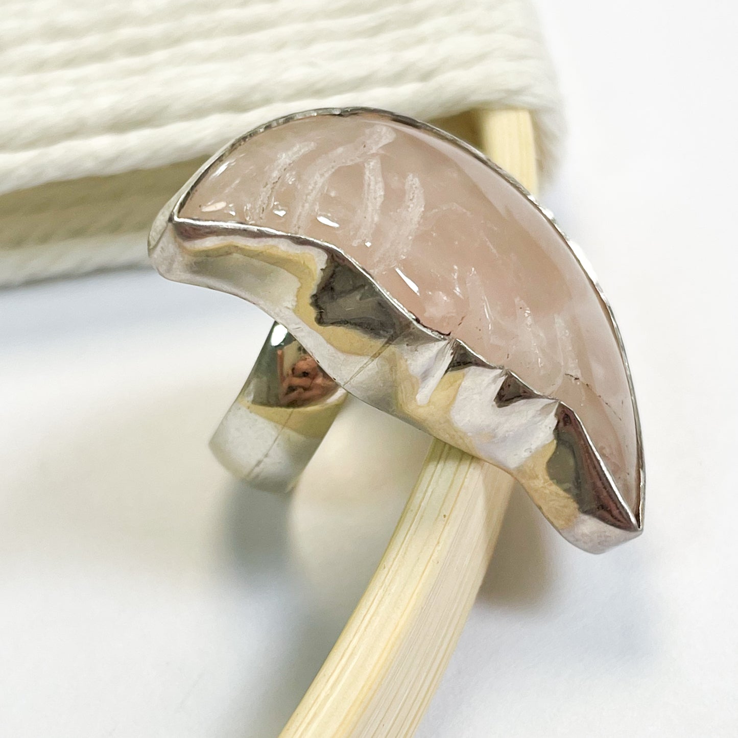 Rose Quartz Moon Ring - Solid Sterling Silver