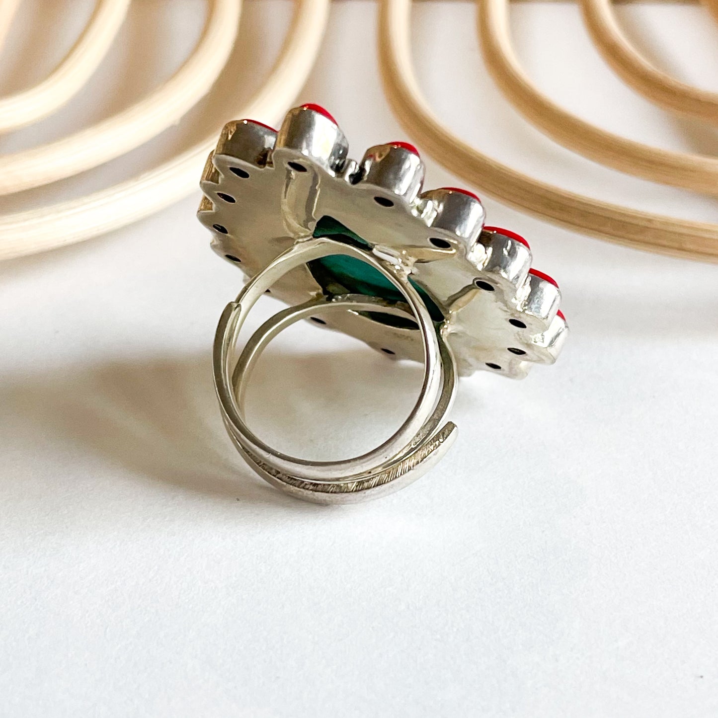 Turquoise & Red Coral Ring - Solid Sterling Silver