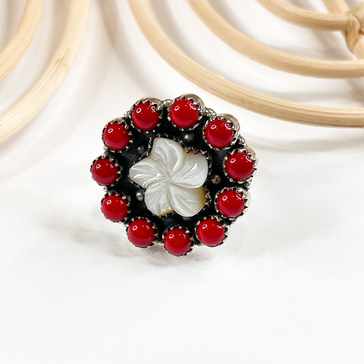 Red & Mother of Pearl Adjustable Ring - Solid Sterling Silver