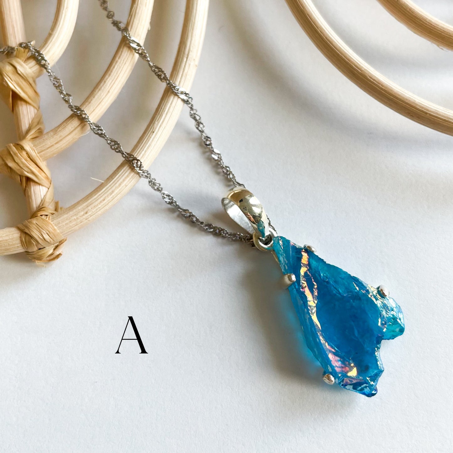 Aqua Aura Quartz Pendant - Solid Sterling Silver