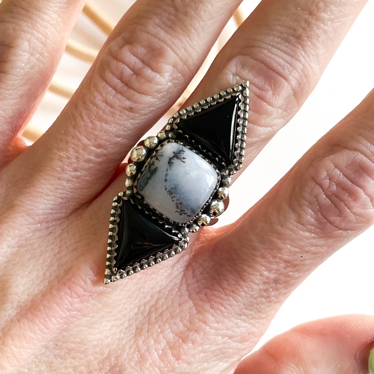 Black Onyx & Dendrite Crawler Ring - Solid Sterling Silver