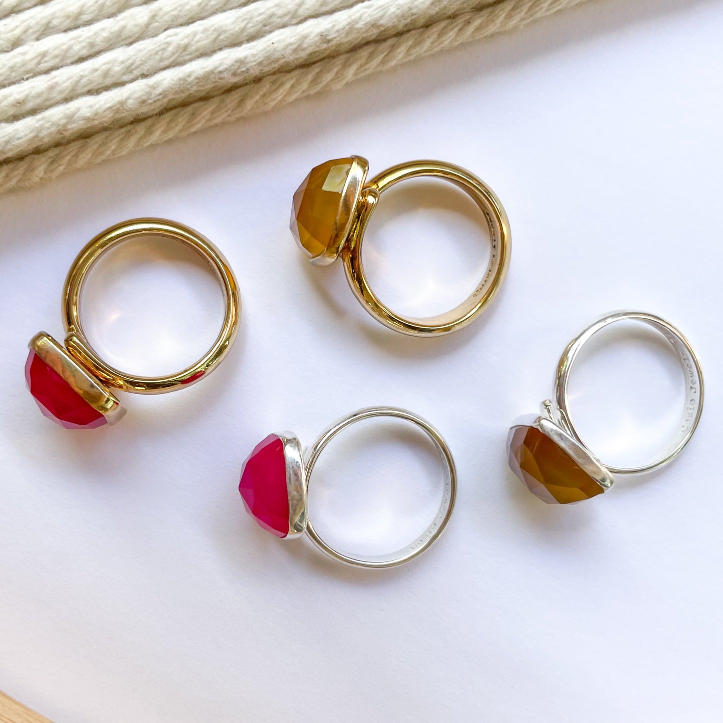 Bright Square Chalcedony Rings - Both Metals