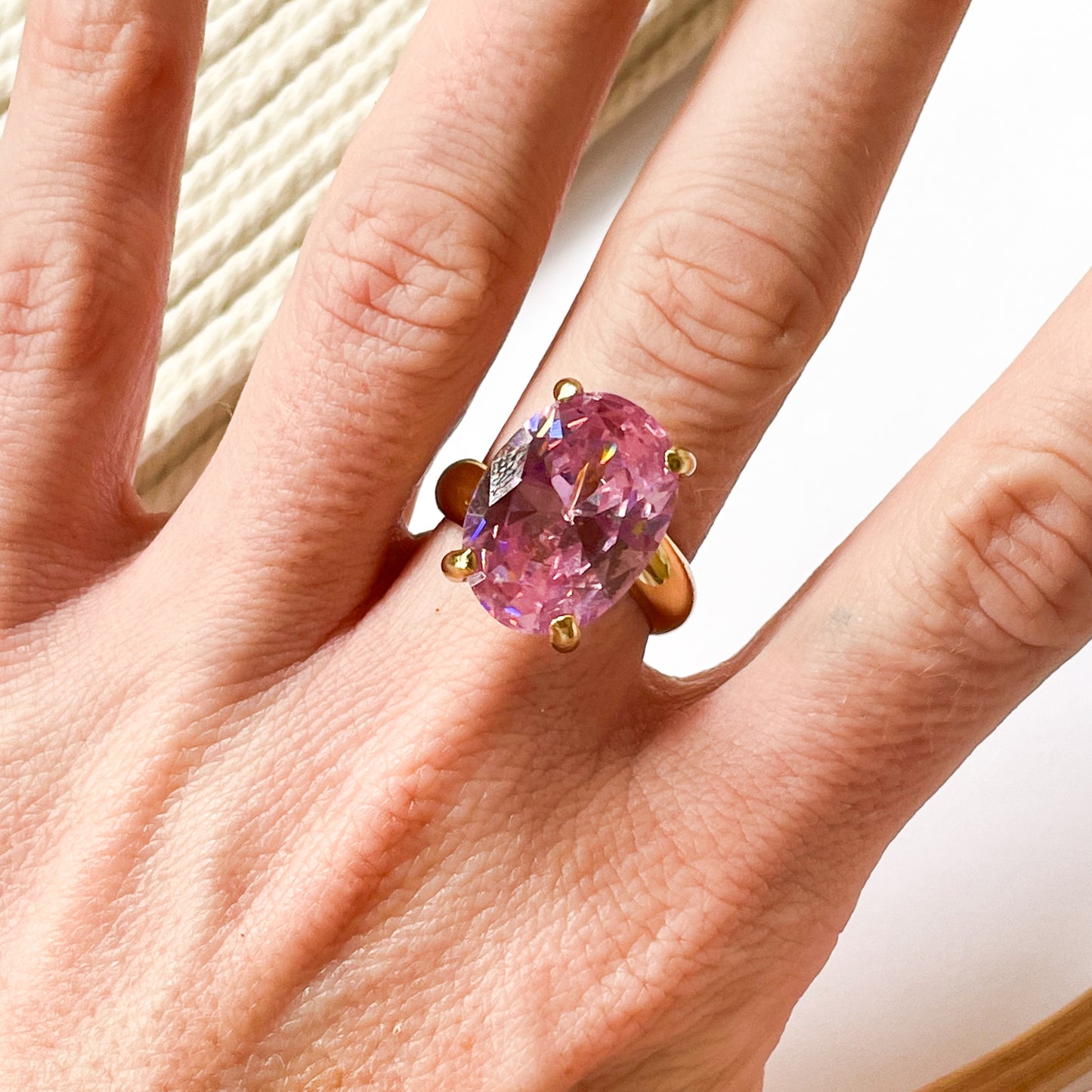 Pink Large Oval CZ Prong Ring  - Alchemia