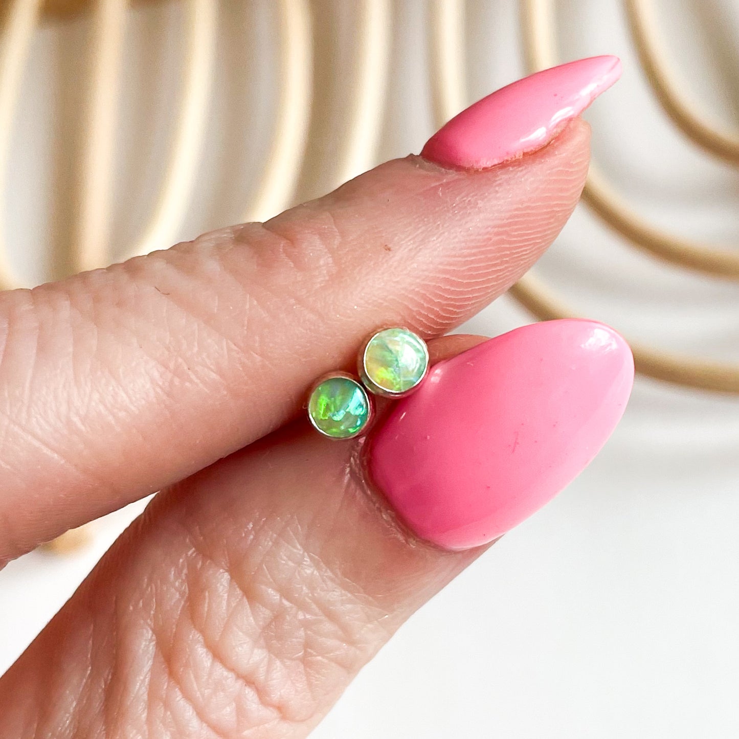 Dainty Green Opal Studs - Solid Sterling Silver