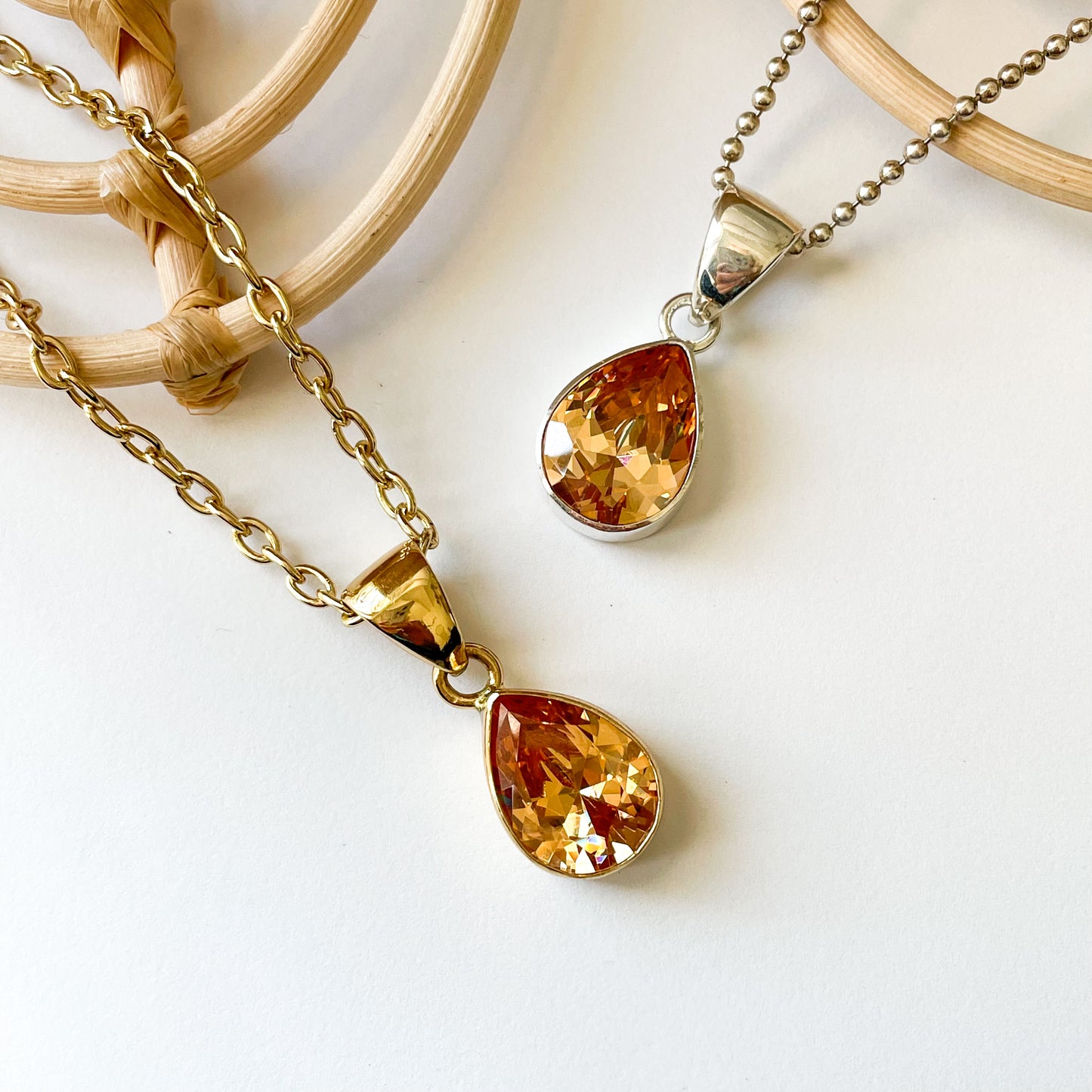 Champagne Teardrop CZ Pendant - Both Metals