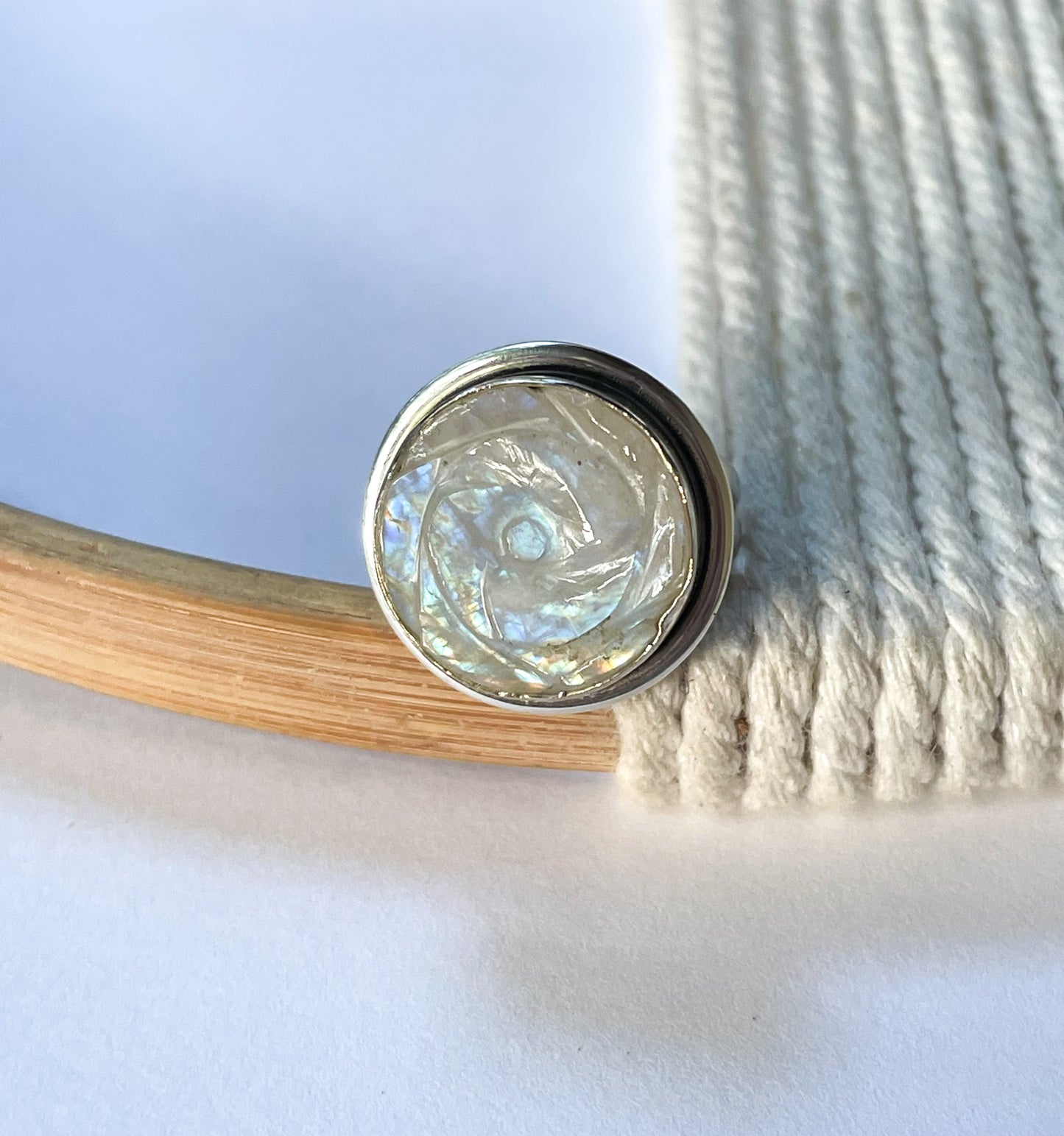 Rainbow Moonstone Rose Ring - Solid Sterling Silver