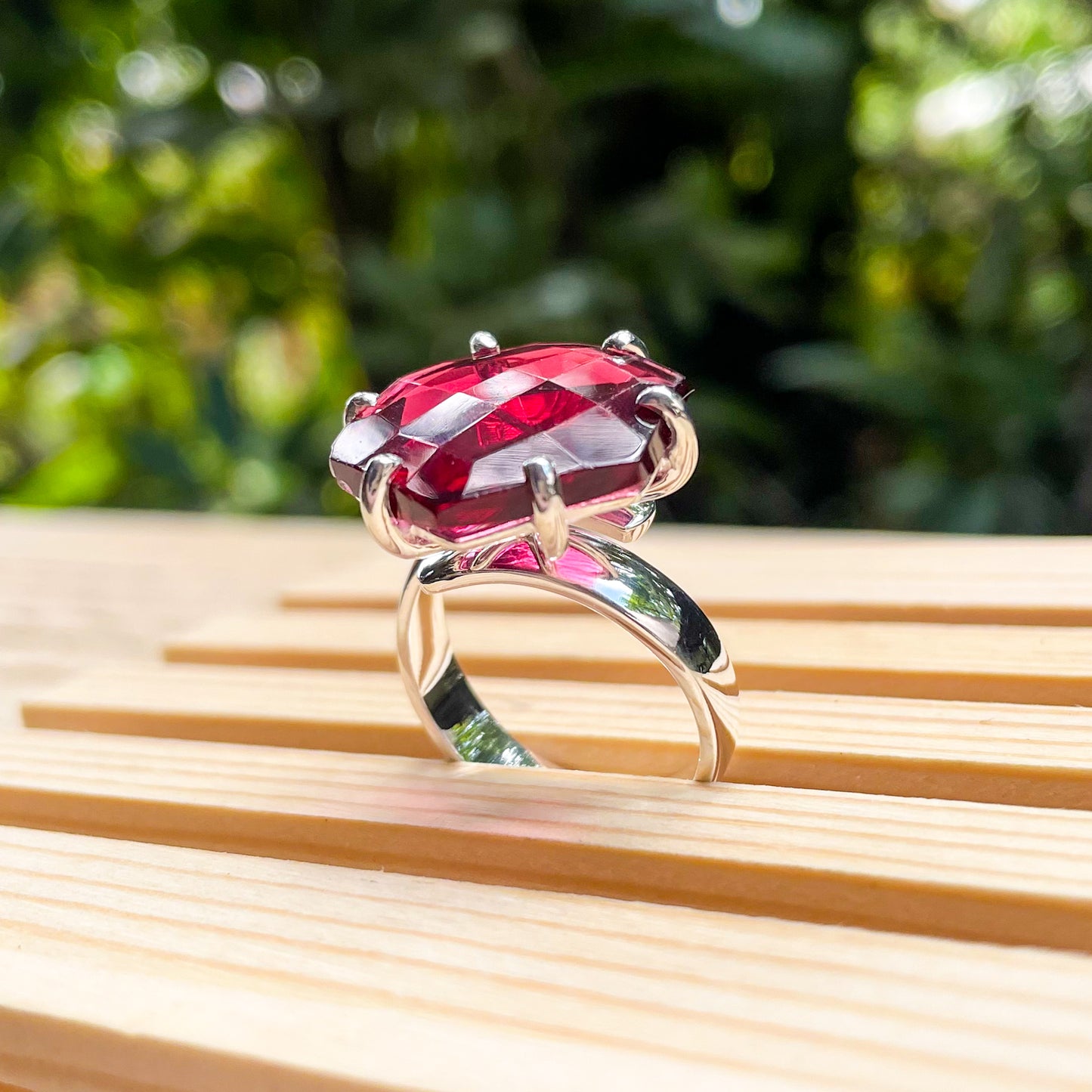 Fuchsia Hexagon Prong Ring - Solid Sterling Silver