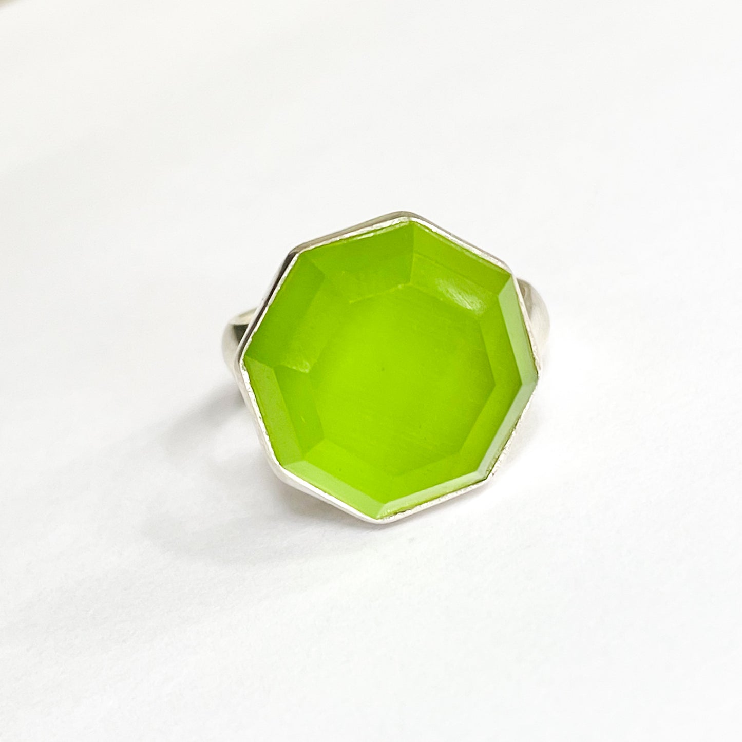 Shimmer Green Hexagon Ring - Solid Sterling Silver