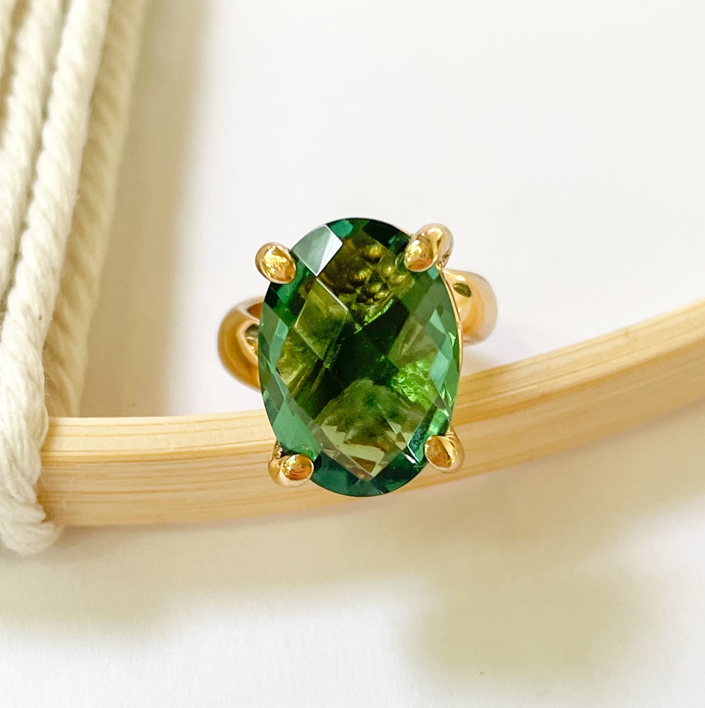 Faceted Oval Green Quartz Prong Ring - Alchemia