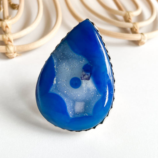 Blue Druzy Flex Cuff Statement Ring - Solid Sterling Silver