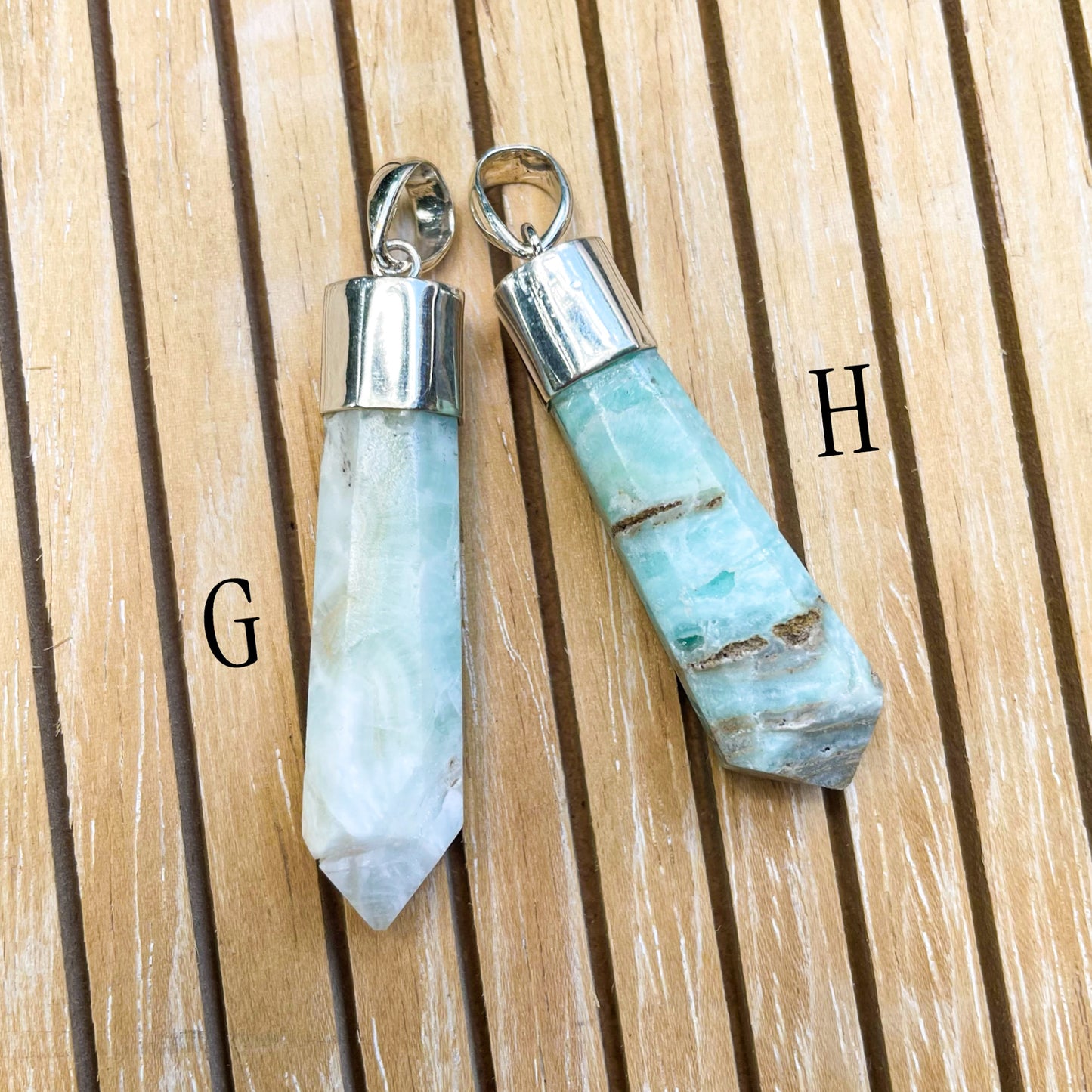 Blue Banded Aragonite Point Pendant - Both Metals