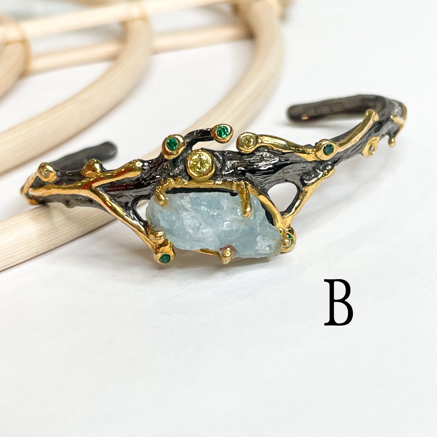 Aquamarine Gemstone Cuff - Solid Sterling Silver + 22k Gold