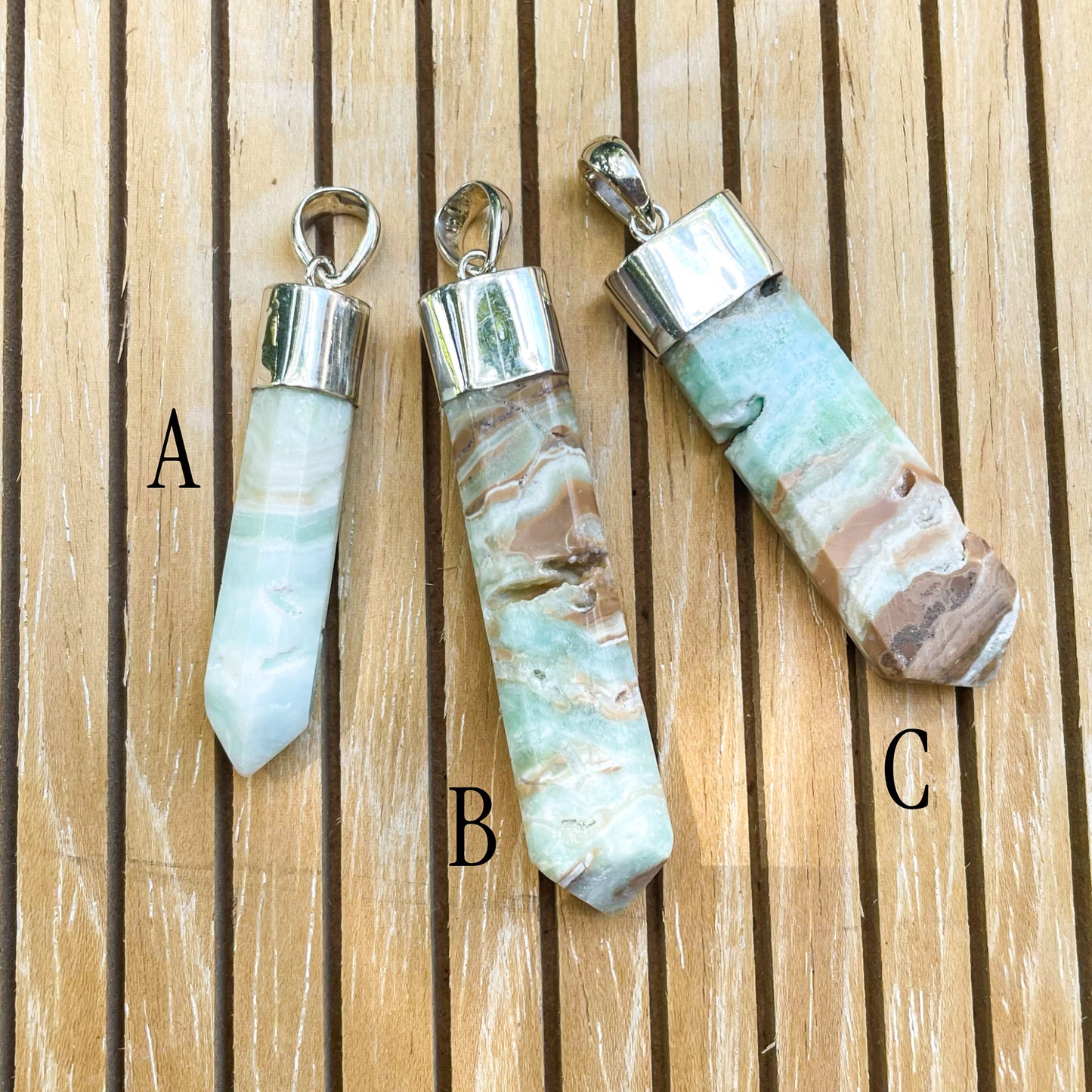 Blue Banded Aragonite Point Pendant - Both Metals