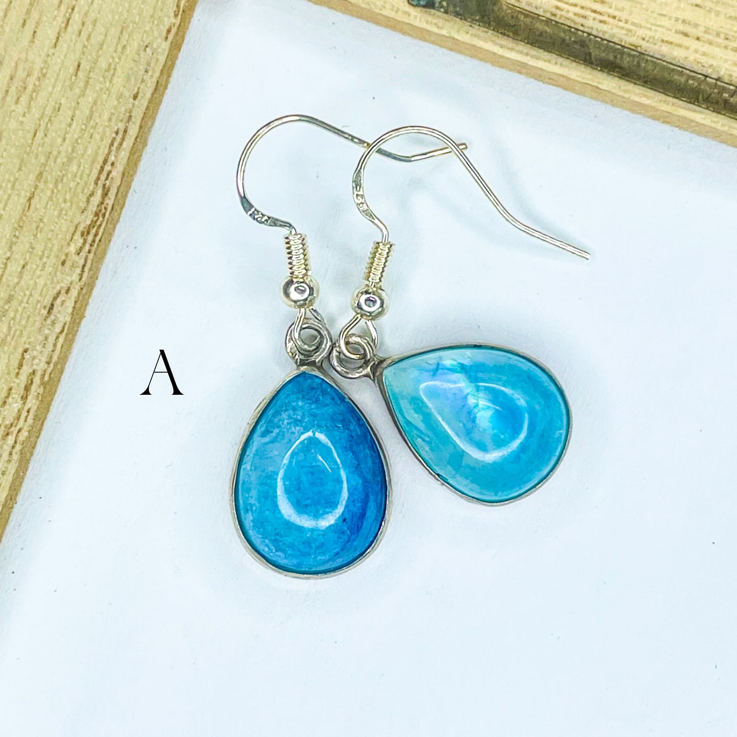 Blue Rainbow Moonstone Earrings - Solid Sterling Silver