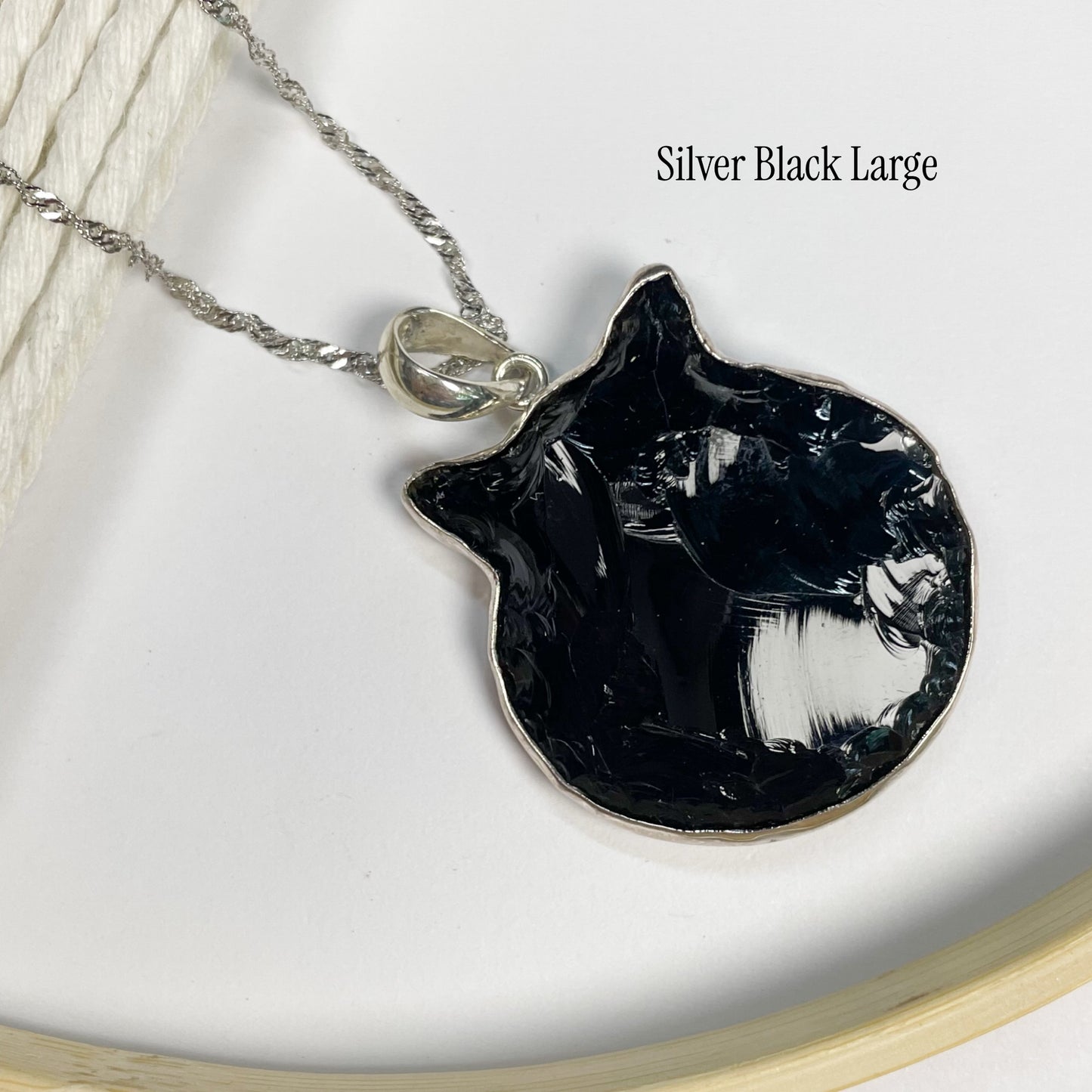 Opalite & Black Kitty Cat Head Pendant - Both Metal